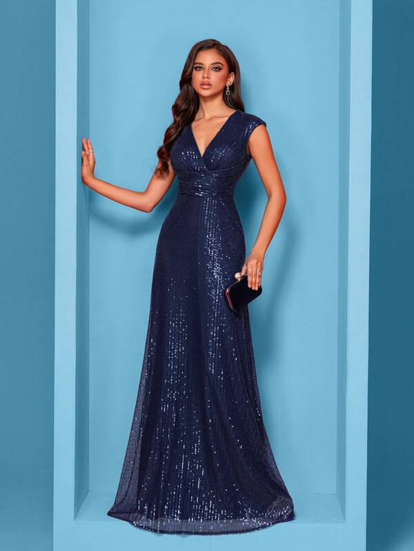 Women's Elegant Evening Dress, Luxurious Glamorous Fabric With Sequins, Mid-Waist Pleated Design For Youthful And Charming Look, Suitable For Parties, Graduations, Weddings, Events And Various Formal Occasions, Women's Formal Ball Gown (Deluxe Version)