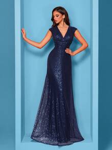 Women's Elegant Evening Dress, Luxurious Glamorous Fabric With Sequins, Mid-Waist Pleated Design For Youthful And Charming Look, Suitable For Parties, Graduations, Weddings, Events And Various Formal Occasions, Women's Formal Ball Gown (Deluxe Version) - 藏蓝色 - 查看 3