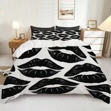 Bộ 3 vỏ chăn in họa tiết đôi môi đen theo phong cách Bắc Âu (1 vỏ chăn + 2 vỏ gối, không có lõi), chủ đề không gian lãng mạn, - Độ mềm mại sang trọng, thoải mái thoáng khí, hoàn hảo cho phòng ngủ và phòng khách, thoải mái, không gây dị ứng và dễ chăm sóc, phù hợp với mọi mùa - Đen và trắng - Xem 7