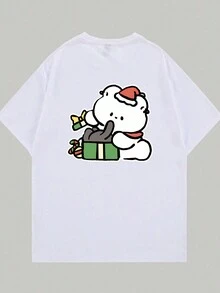 Teddy Bear Opening Christmas Present Printed T-Shirt Premium Casual Men's Fashion Blouse - 白色的 - 查看 3