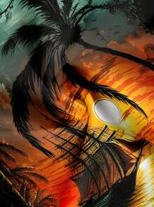 大码男士夏威夷椰子树日落风景印花纽扣口袋短袖衬衫，夏季 - 橘色 - 查看 4