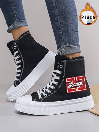 Women's High-Top Canvas Snow Boots With Thermal Lined, Printed With Creative 'Change' Letters, Flat Bottom, Simple Style, Suitable For Casual Wear In Autumn And Winter