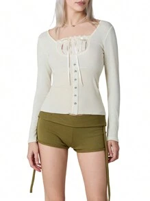 Women Solid Color Classic Tops, Long Sleeve Square Lace Neck Buttoned Ribbed Tops for Spring, Women Clothing - Blanco - Ver 2