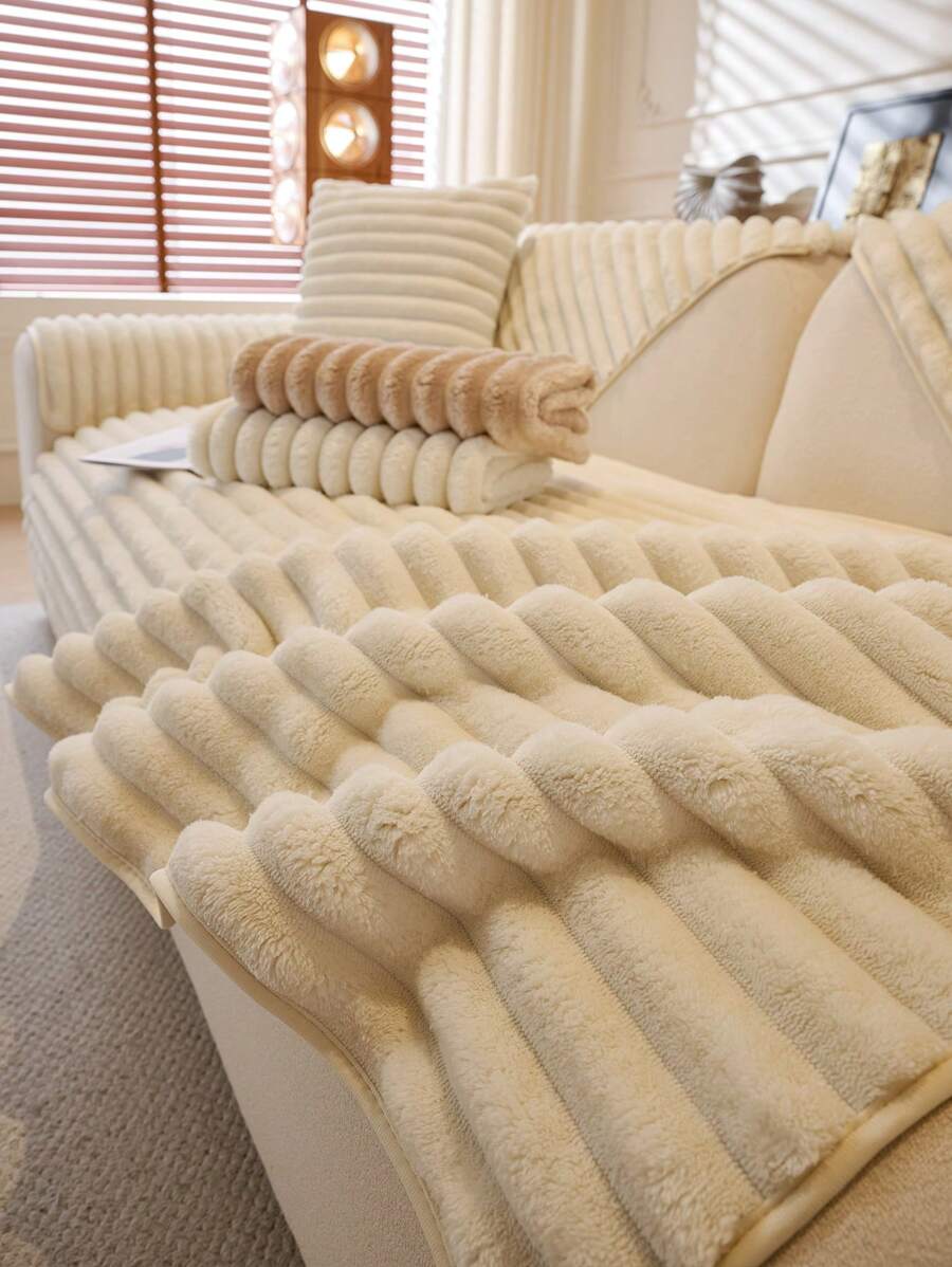 1pc Winter Christmas Decoration Thick Plush Sofa Pad, Anti-Slip Sofa Cover, Minimalist Modern Style, Non-Fading, Machine Washable All-In-One Sofa Blanket, Warm For Winter, Suitable For 1-2-3-4 Person Armrest Backrest - Beige - View 1