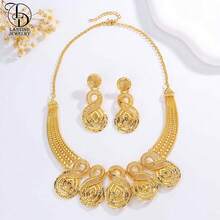 优雅时尚的女士奢华铜珍珠首饰套装 - 项链和迪拜镀金耳环，完美的新娘礼服配饰 - 金色 - 查看 2