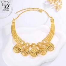 优雅时尚的女士奢华铜珍珠首饰套装 - 项链和迪拜镀金耳环，完美的新娘礼服配饰 - 金色 - 查看 4