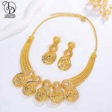 优雅时尚的女士奢华铜珍珠首饰套装 - 项链和迪拜镀金耳环，完美的新娘礼服配饰 - 金色 - 查看 1