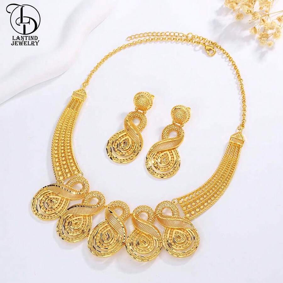 优雅时尚的女士奢华铜珍珠首饰套装 - 项链和迪拜镀金耳环，完美的新娘礼服配饰 - 金色 - 查看 1