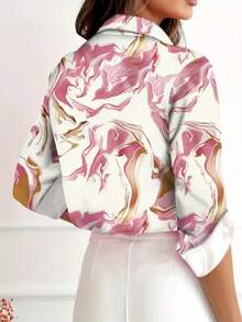 Camisa casual elegante de mujer con estampado geométrico - Mezcla de poliéster y spandex, diseño con botones y cuello, lavable a máquina