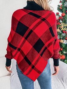 Christmas Rhombus Color Block High Collar Pullover Poncho Sweater, Autumn/Winter - Red - View 2