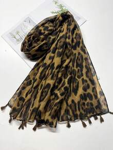 1 件女士时尚豹纹流苏装饰围巾/披肩，适合日常使用 - 彩色 - 查看 10