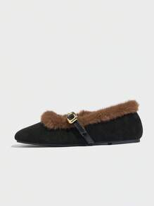 Mocassins femininos de camurça macia com forro de pele, mocassins planos com forro térmico quente, sapatos casuais para ambientes internos com pele de coelho espessada