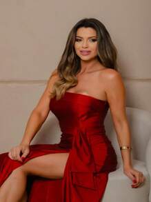 Bridesmaid Dress For Graduation Guests Strapless Satin With Slit For Day Or Night Wedding - 紅木色 - 查看 3