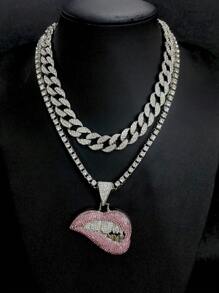 1pc Hip Hop Rhinestone Decor Lip Charm Necklace For Men Women For Daily Decoration, For Jewelry Gift And Party
