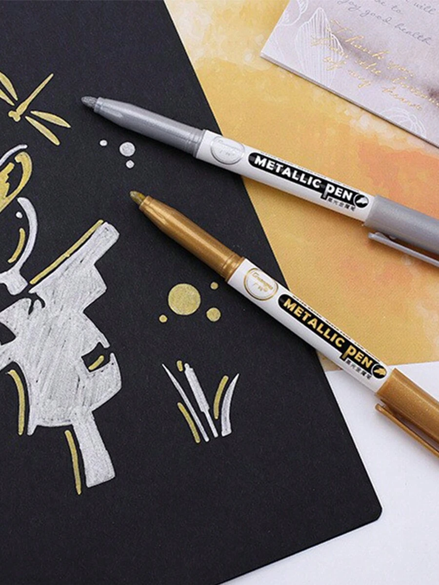 2 支金属工艺笔创意文具油漆笔贺卡贺卡便签笔婚礼派对签名笔金色银色闪光酷炫涂鸦笔 - 彩色 - 查看 1