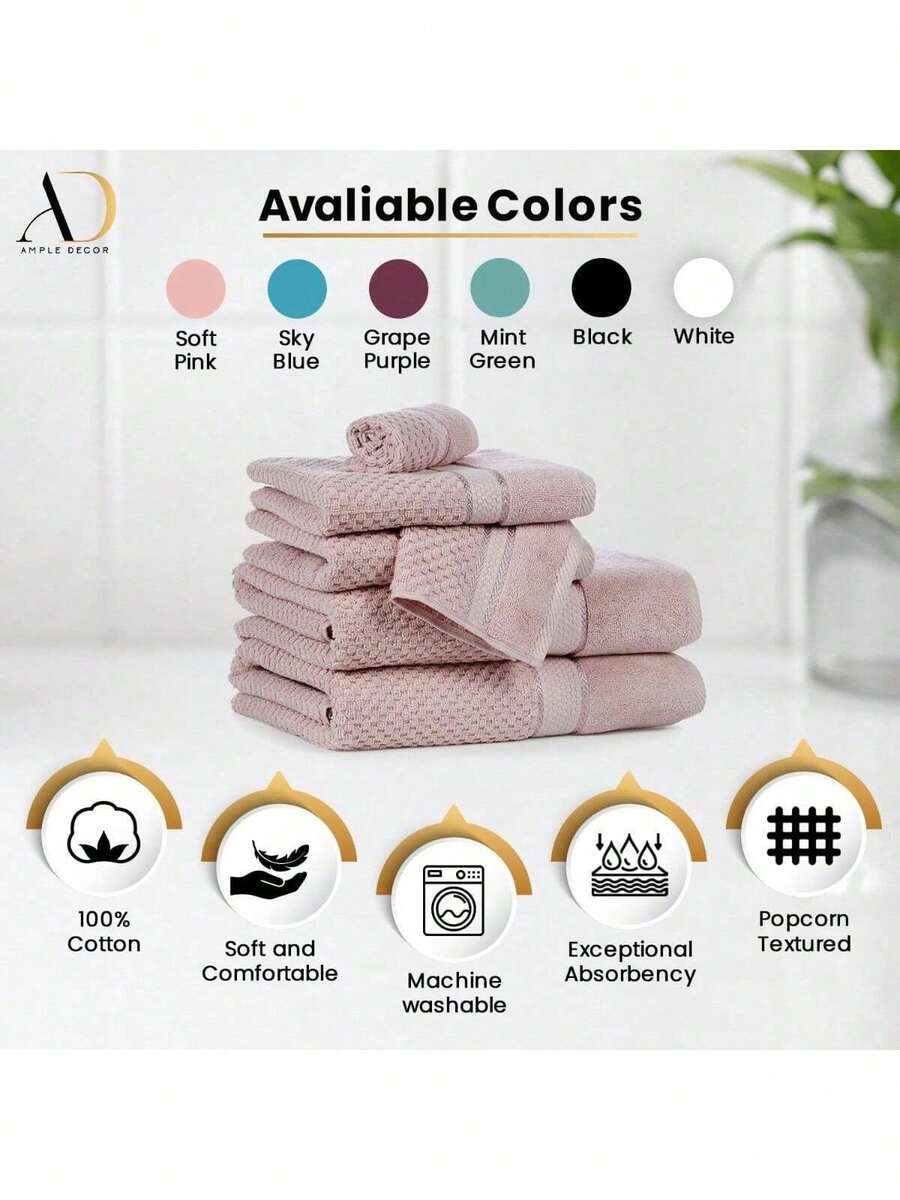 100% Cotton 6 Pcs Bath Towel Set, Luxury Bath Towels For Bathroom - 2 Bath Towels, 2 Hand Towels, 2 Washcloths - Soft Pink - 柔和的粉紅色 - 查看 1