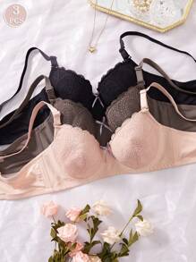 3PCS Lady's Comfortable Multicolour Sexy Lace Underwire Soft Cup Solid Bralette Lingerie Underwear Bra - Multicolor - View 3