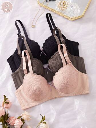 3 件女士舒适多色性感蕾丝钢圈软杯纯色文胸内衣胸罩