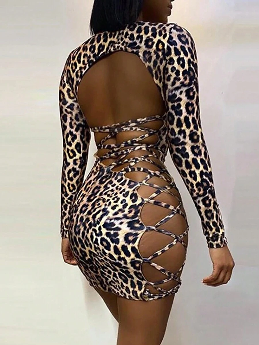 Sexy Backless Leopard Print Tied Waist Mini Club Dress - Light Grey - View 1
