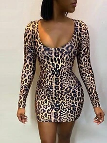 Sexy Backless Leopard Print Tied Waist Mini Club Dress - Light Grey - View 2