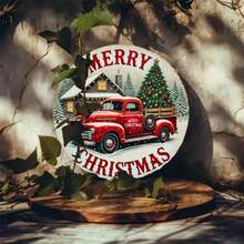 1 件复古圣诞花环装饰，圆形悬挂艺术，带有雪人和红色卡车设计，多用途家居和花园节日主题装饰，室内室外展示，8 X 8 英寸，孔随机放置在顶部、底部、左侧和右侧 - 彩色 - 查看 9