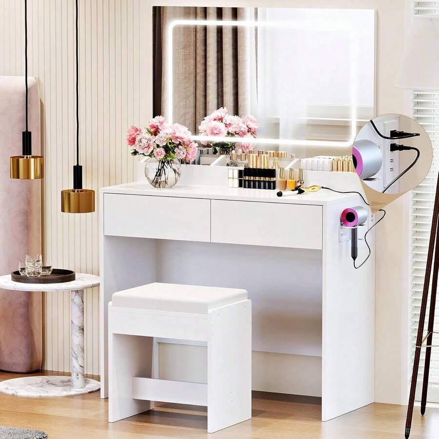 Vanity Desk With Large Lighted Mirror & Power Outlet, 3 Color Lighting