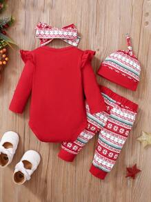 BrownBark 4 件套女婴圣诞装，长袖字母印花运动衫 + 裤子 + 头带 + 帽子，秋季休闲套装 - 紅色 - 查看 3