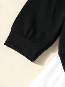 2 件套：时尚女孩学院风纽约曼哈顿字母印花运动衫和褶皱迷你裙 - 长袖翻领半拉链套头衫，适合秋冬季，休闲舒适 | 俏皮印花上衣 | 罗纹纹理。 - 黑色 - 查看 6