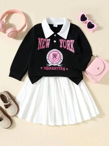 2 件套：时尚女孩学院风纽约曼哈顿字母印花运动衫和褶皱迷你裙 - 长袖翻领半拉链套头衫，适合秋冬季，休闲舒适 | 俏皮印花上衣 | 罗纹纹理。 - 黑色 - 查看 1