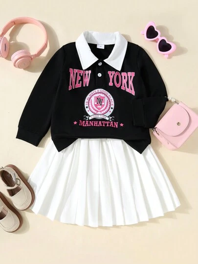 2 件套：时尚女孩学院风纽约曼哈顿字母印花运动衫和褶皱迷你裙 - 长袖翻领半拉链套头衫，适合秋冬季，休闲舒适 | 俏皮印花上衣 | 罗纹纹理。