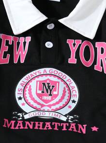 2 件套：时尚女孩学院风纽约曼哈顿字母印花运动衫和褶皱迷你裙 - 长袖翻领半拉链套头衫，适合秋冬季，休闲舒适 | 俏皮印花上衣 | 罗纹纹理。 - 黑色 - 查看 5