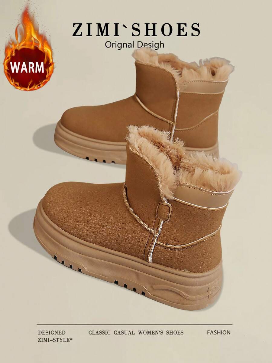 1 双女式冬季保暖蓬松内衬圆头户外防水高帮雪地靴