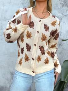 Maple Leaf Pattern Jacquard Drop Shoulder Long Sleeve Crew Neck Casual Knit Cardigan For Women - Apricot - View 6