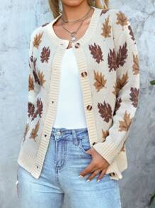 Maple Leaf Pattern Jacquard Drop Shoulder Long Sleeve Crew Neck Casual Knit Cardigan For Women - Apricot - View 1
