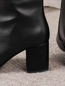 女士纯色套穿踝靴，侧拉链，方头，粗跟，休闲日常百搭黑色踝靴，优雅时尚 - 黑色 - 查看 6