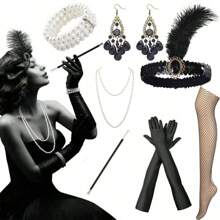 5/7 件 1920 年代风格头饰套装:羽毛头带、手套、仿珍珠项链、手扇、吊坠耳环 - 轻佻女郎派对服装配饰、复古万圣节服装情人节情人节舞会 - 黑色 - 查看 18
