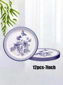 12/24/68件套，一次性餐具，蓝白餐具，蝴蝶主题一次性纸盘，7英寸纸盘，9英寸纸盘，薄纸，纸杯，纸盘，食物托盘，派对托盘 - 彩色 - 查看 9