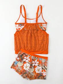 2 Pieces Women Tropical Print High-End Swimsuit, Hollow Strap, Briefs, Conservative & Elegant Fashion, Summer Beach Holiday - Burnt Orange - View 5