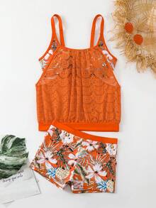 2 Pieces Women Tropical Print High-End Swimsuit, Hollow Strap, Briefs, Conservative & Elegant Fashion, Summer Beach Holiday - Burnt Orange - View 2