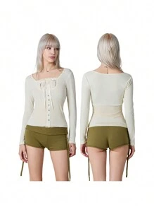 Women Solid Color Classic Tops, Long Sleeve Square Lace Neck Buttoned Ribbed Tops for Spring, Women Clothing - Blanco - Ver 3