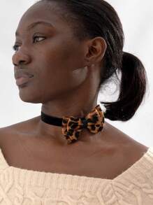 imoli 1 件时尚复古涤纶天鹅绒豹纹蝴蝶结吊坠颈链，百搭配饰，适合女性的派对礼物，秋冬 - 彩色 - 查看 1