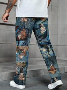 Quần dài nam ống đứng dáng rộng họa tiết tranh Van Gogh, trang trí, mùa thu - Màu xanh lam - Xem 4