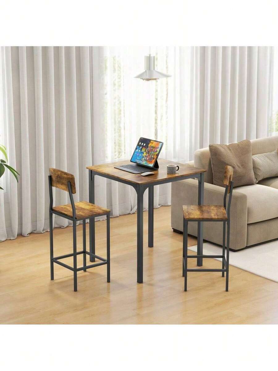 3 Piece Counter Height Bar Table And Chairs Set, Industrial