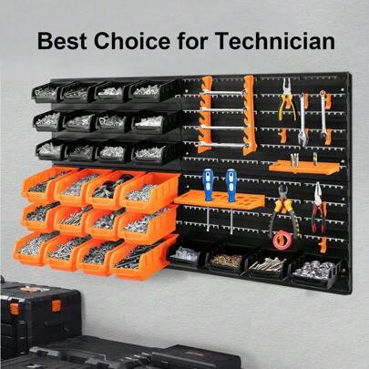 Holdfiturn 46Pcs Wall Mounted Storage Bins Backboard DIY Stackable Workshop Storage For Tools Hardwares Crafts 95 * 81.6cm Plastic Bin Panel Rack With Screws For Tool Shed Garage Workshop Storage