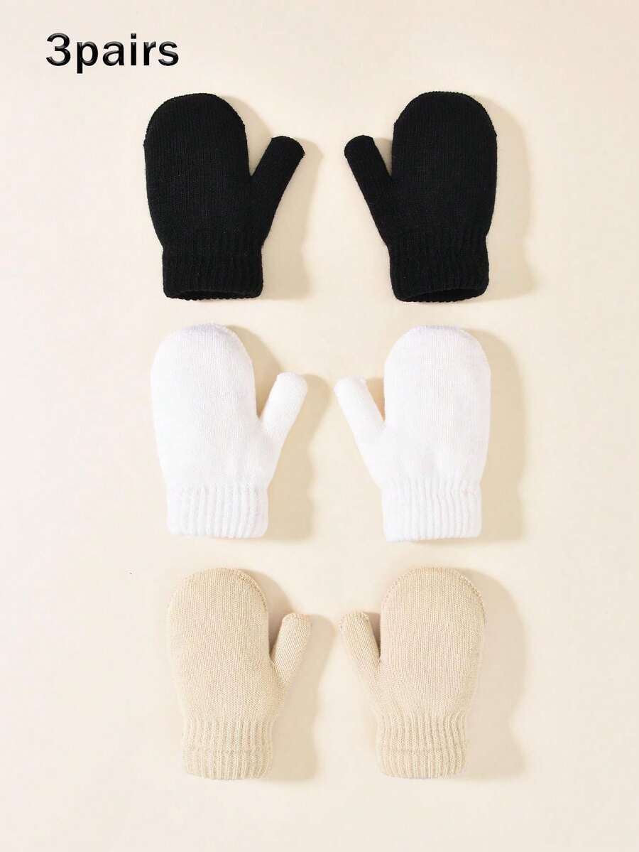 3 双幼儿/儿童纯色加厚保暖内衬全指手套，多色可选，温暖冬季手套，适合日常休闲穿着和户外通勤 - 彩色 - 查看 1