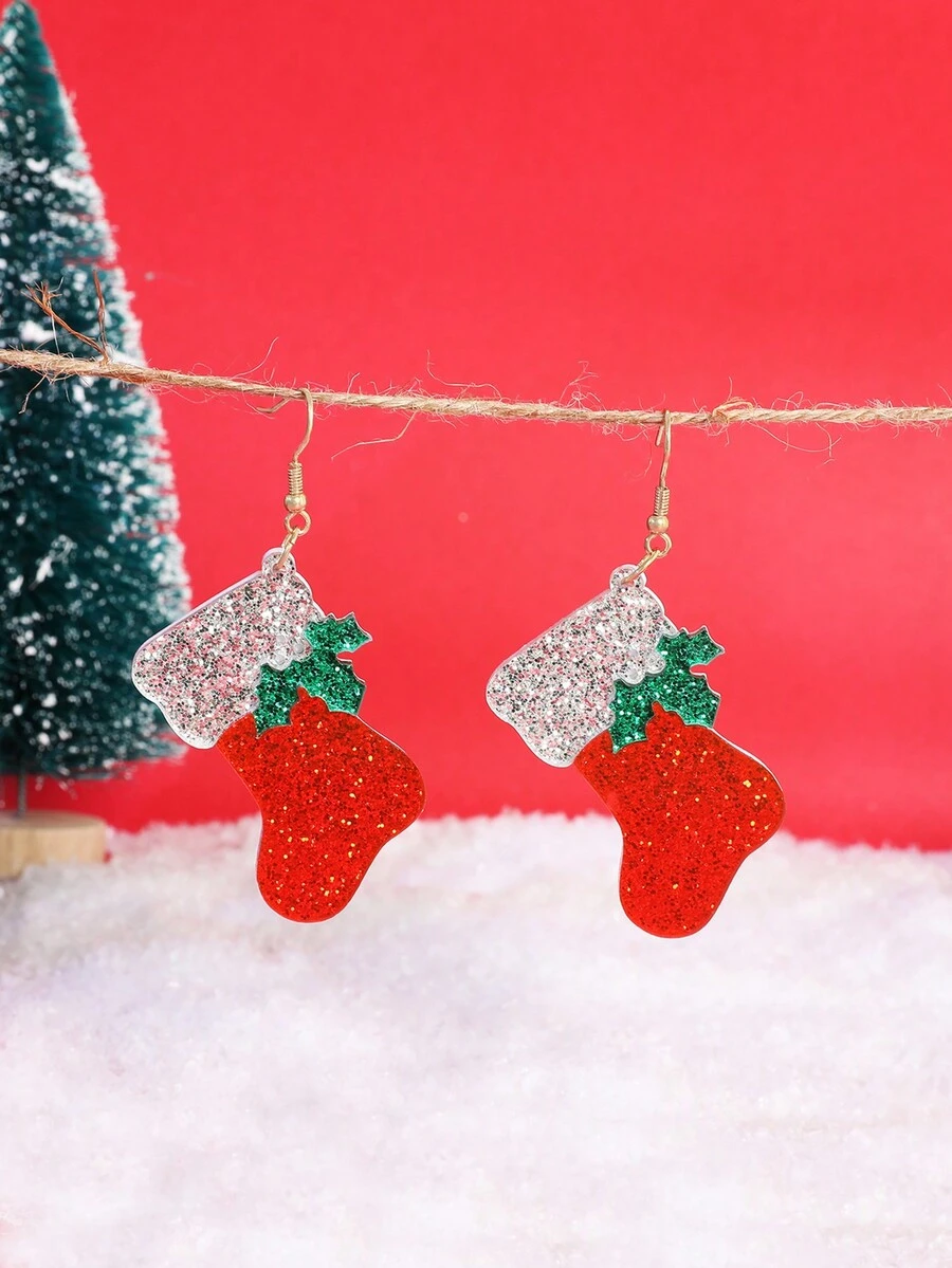 1 Cặp Bông tai Acrylic họa tiết tất ông già Noel hoạt hình dễ thương cho nữ, Bông tai quà tặng Giáng sinh - Đỏ - Xem 1