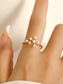 1 件时尚奢华简约设计珍珠花装饰可调节开口戒指，适合女性日常佩戴、派对配饰、送给家人朋友的生日/周年纪念礼物 - 花朵珍珠戒指 - 查看 3