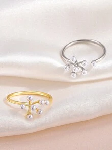 1 件时尚奢华简约设计珍珠花装饰可调节开口戒指，适合女性日常佩戴、派对配饰、送给家人朋友的生日/周年纪念礼物 - 花朵珍珠戒指 - 查看 4