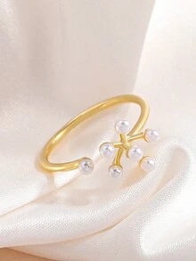 1 件时尚奢华简约设计珍珠花装饰可调节开口戒指，适合女性日常佩戴、派对配饰、送给家人朋友的生日/周年纪念礼物 - 花朵珍珠戒指 - 查看 6