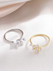 1 件时尚奢华简约设计珍珠花装饰可调节开口戒指，适合女性日常佩戴、派对配饰、送给家人朋友的生日/周年纪念礼物 - 花朵珍珠戒指 - 查看 5